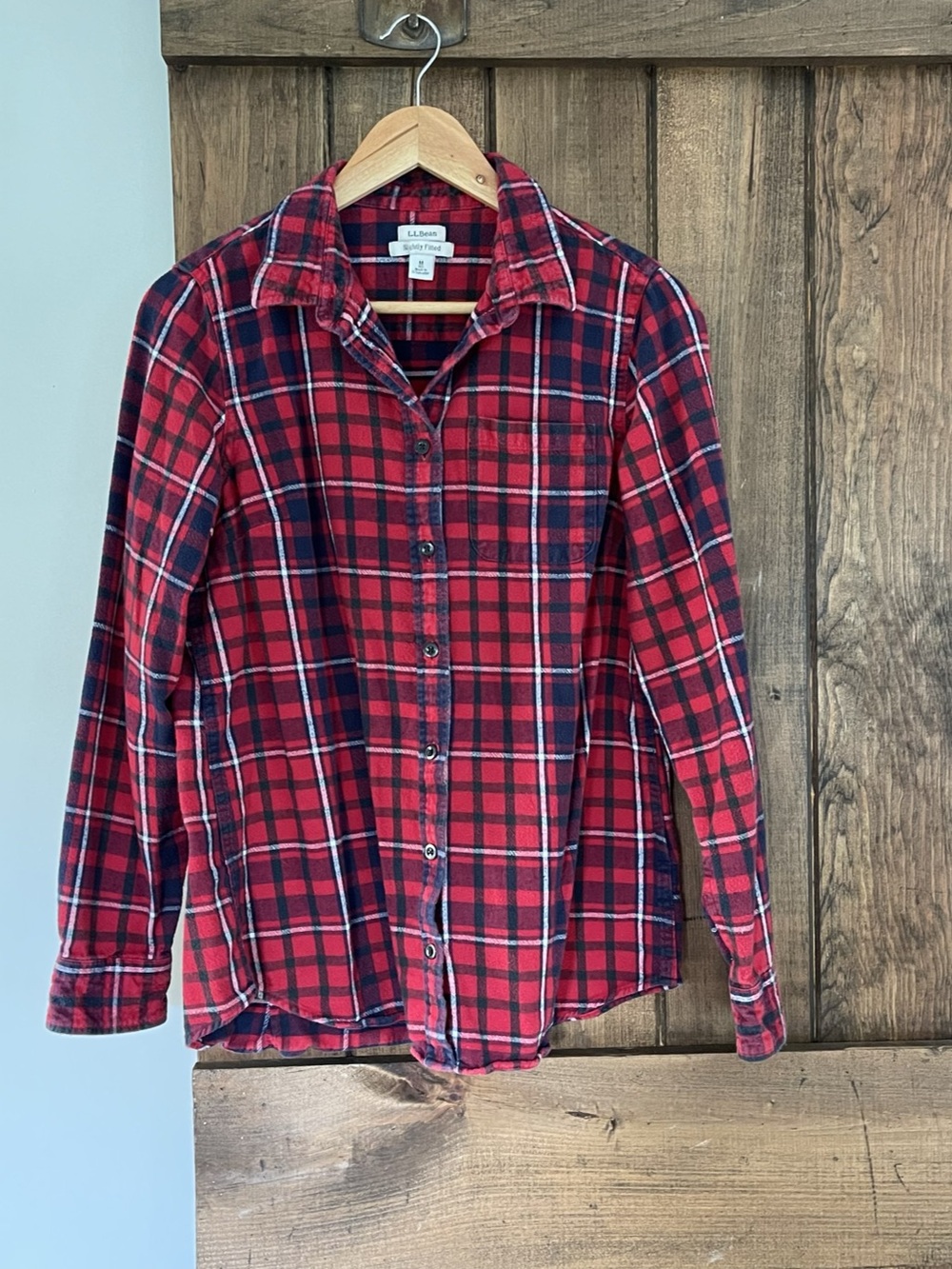 L.L. Bean Red Plaid Cotton Flannel Button Down Shirt Medium Cabincore Cozy